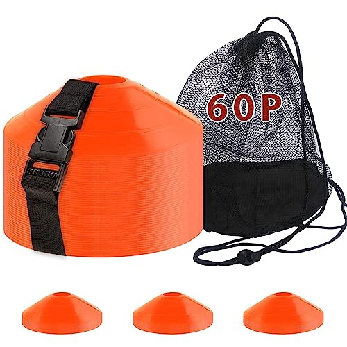 DUNCHATY 60-Pack Soccer Cones - Agility Flat Disc Cones with Carry Bag & Strap - Small Training Field Markers for Football Basketball Lacrosse - Indoor/Outdoor Sport Drills - Image 1