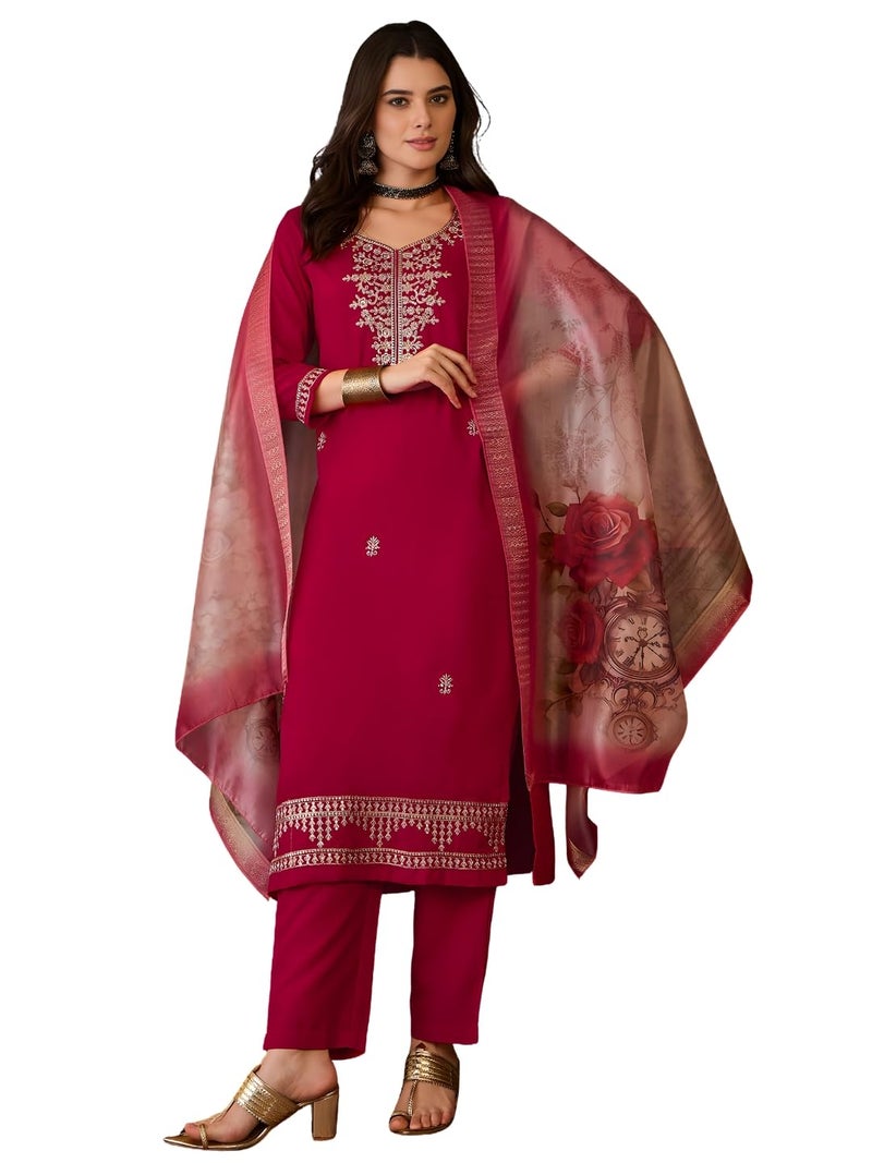 Naixa Women's Rayon Embroidered Straight Kurta with Pant and Dupatta Sets (NX-765-Red-S) - Image 1