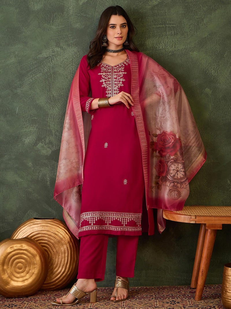 Naixa Women's Rayon Embroidered Straight Kurta with Pant and Dupatta Sets (NX-765-Red-S) - Image 2