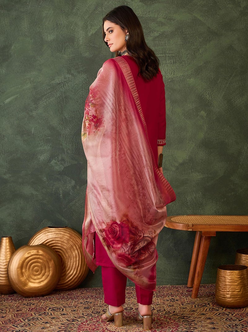 Naixa Women's Rayon Embroidered Straight Kurta with Pant and Dupatta Sets (NX-765-Red-S) - Image 4