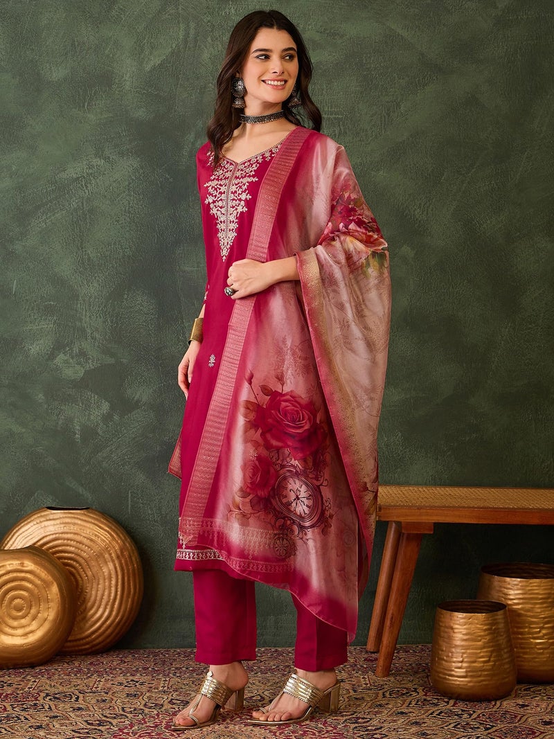 Naixa Women's Rayon Embroidered Straight Kurta with Pant and Dupatta Sets (NX-765-Red-S) - Image 3