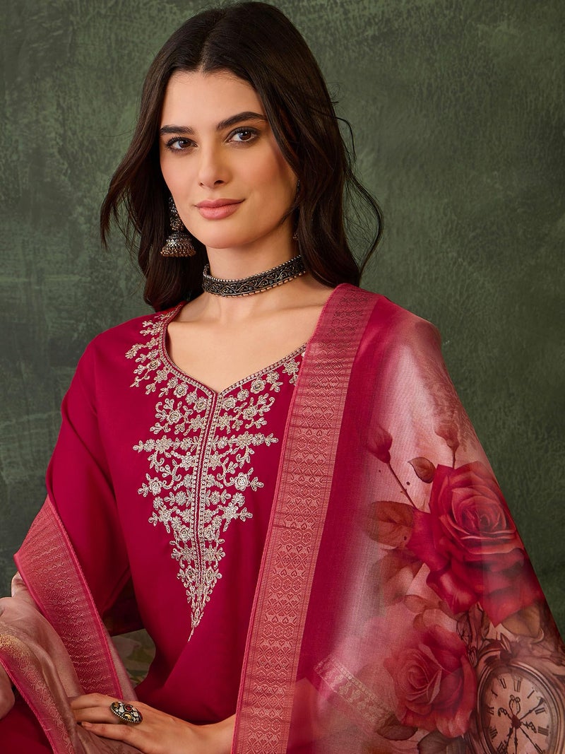 Naixa Women's Rayon Embroidered Straight Kurta with Pant and Dupatta Sets (NX-765-Red-S) - Image 5