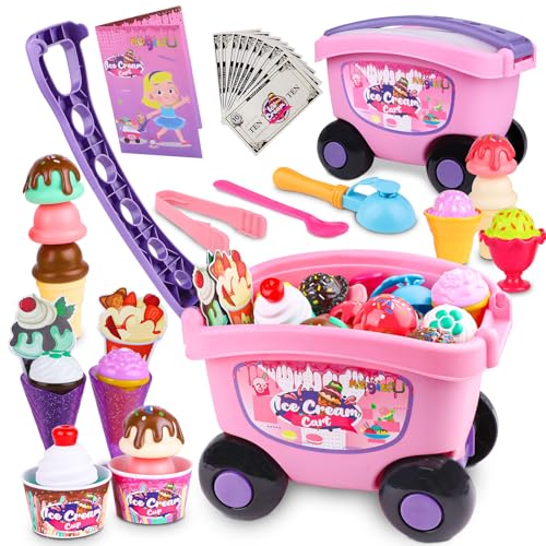 Magic4U Ice Cream Cart Toys for Kids 48 Piece Ice Cream Shop Pretend Play Set with Scooper Toppings and Other Scoop and Serve Toys for 3 4 5 6 Years Old Girls Gifts - Image 1
