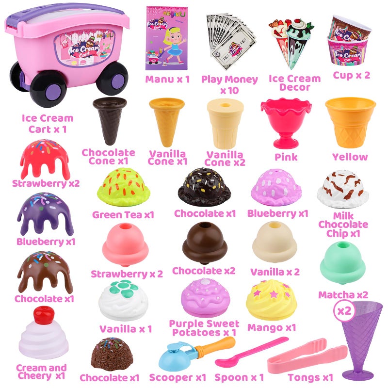 Magic4U Ice Cream Cart Toys for Kids 48 Piece Ice Cream Shop Pretend Play Set with Scooper Toppings and Other Scoop and Serve Toys for 3 4 5 6 Years Old Girls Gifts - Image 3