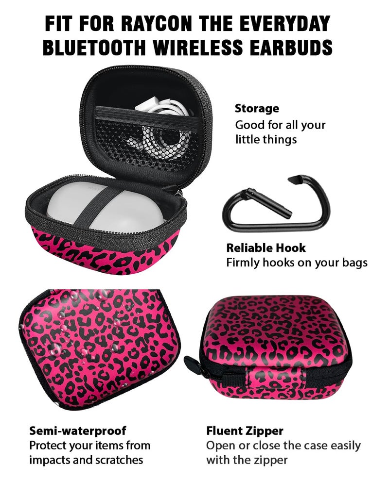 WIRESTER Portable Wireless Headphone Case, Earphone Storage Bag Carrying Case, Earbud Holder with Carabiner Compatible with Raycon Fitness Bluetooth True Wireless Earbuds - Black Hot Pink Leopard - Image 4