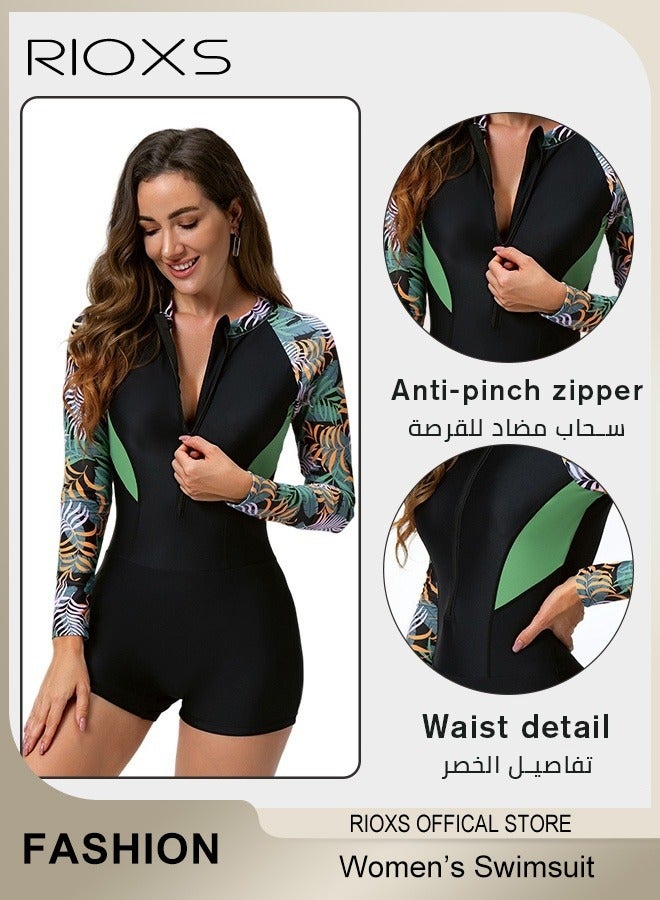 ريوكس ملابس سباحة نسائية من قطعة واحدة، ملابس سباحة مبطنة بأكمام طويلة وسحاب للحماية من الأشعة فوق البنفسجية للسيدات، ملابس سباحة مطبوعة بسحاب أمامي للتحكم في البطن، ملابس سباحة رياضية من قطعة واحدة مع سروال قصير للحماية من أشعة الشمس، مجموعة ملابس سباحة نسائية، بدلة سباحة للتزلج على الماء للسباحة في المسبح، التدريب في المسبح، التزلج على الماء، الغوص والمزيد - Image 3