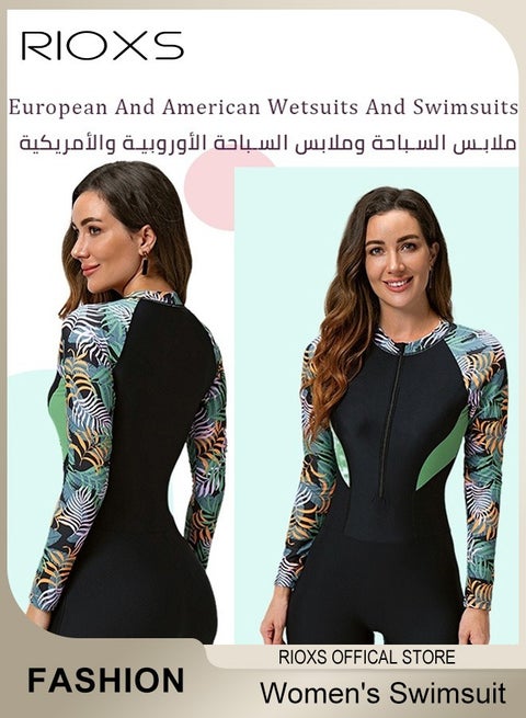 Womens One Piece Swimsuit, Long Sleeve Zipper Rash Guard UV Protection Padded Swimwear for Ladies, Tummy Control Zip Front Printed Bathing Suits, Sun Protection Surf Rashguard Boyleg One Piece Sport Swimsuit, Ladies Swimming Costume Set, Surfing Wetsuit for Lap Swimming, Pool Training, Surfing, Diving and More