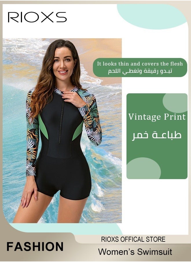 ريوكس ملابس سباحة للنساء قطعة واحدة، غطاء طويل الواقي من الأشعة فوق البنفسجية الحماية ملابس سباحة، ملابس استحمام مطبوعة للنساء، ملابس تحكم بطانة مقدمة ملابس سباحة، أزياء سباحة السيدات، ملابس سباحة ركوب الأمواج للنساء  - Image 3