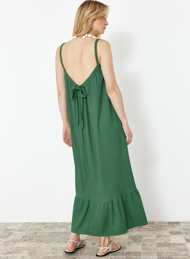 trendyol Green Straight Back Detailed Strappy Wrapped/Textured Maxi Knitted Dress - Image 5