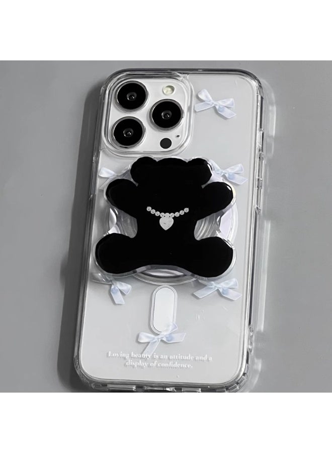 NIBEMINENT Protective TPU Case Cover For iPhone 15 Pro Max, Pearl Black Bear Single Shell With Bracket