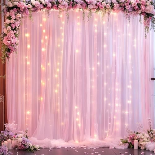 Suppromo 10ft x 10ft Pink Tulle Photo Backdrop Curtain with Lights String for Parties Wedding Sheer Baby Pink Curtain Backdrop for Birthday Party Baby Shower Photo Booth Photography Background Decorations - Image 1