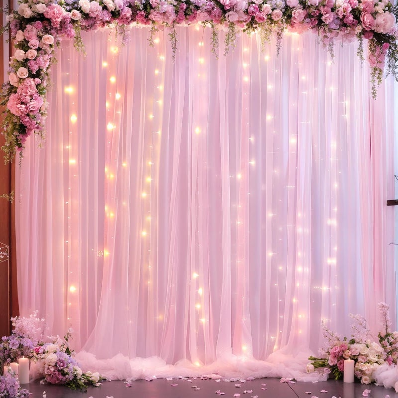 Suppromo 10ft x 10ft Pink Tulle Photo Backdrop Curtain with Lights String for Parties Wedding Sheer Baby Pink Curtain Backdrop for Birthday Party Baby Shower Photo Booth Photography Background Decorations - Image 2