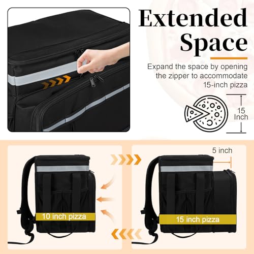 Wigojoy Food Delivery Backpack, Expandable Delivery Backpacks for Hot/Cold with Reflective Strips and Cup Holder, Bike Delivery Bag Backpack Suitable for Uber Eats, DoorDash, Pizza bag, Black - Image 3