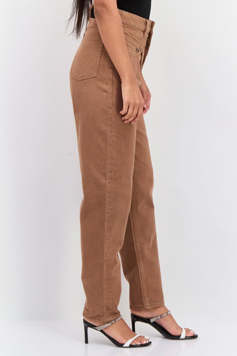 Waven Women 90s Tapered Fit Plain Non Stretch Jeans, Brown - Image 2