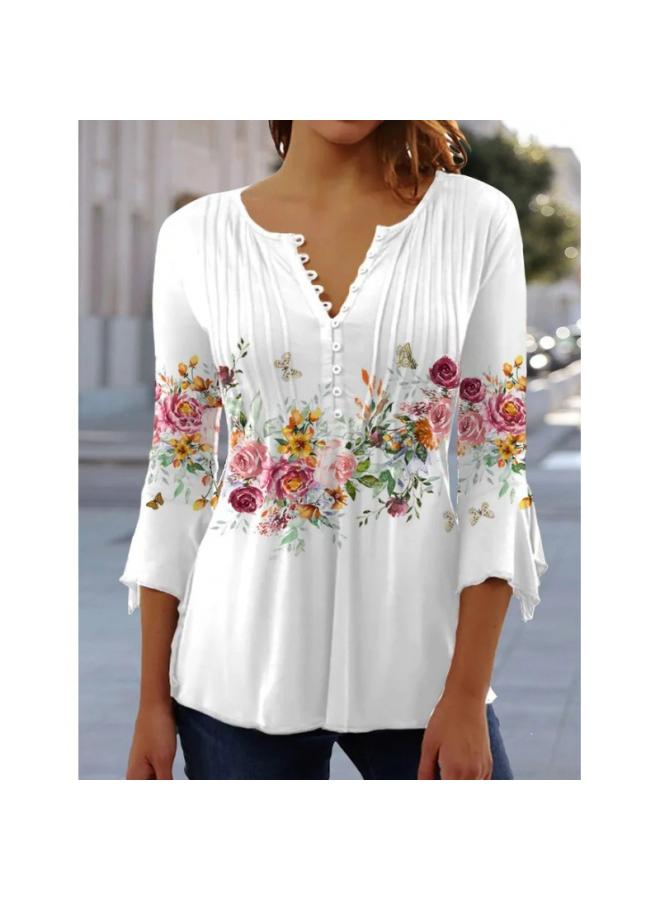 European And American Spring And Summer Fashion New Women's Floral Print V-neck Short Sleeve Pleated Button T-shirt Bottoming Shirt 