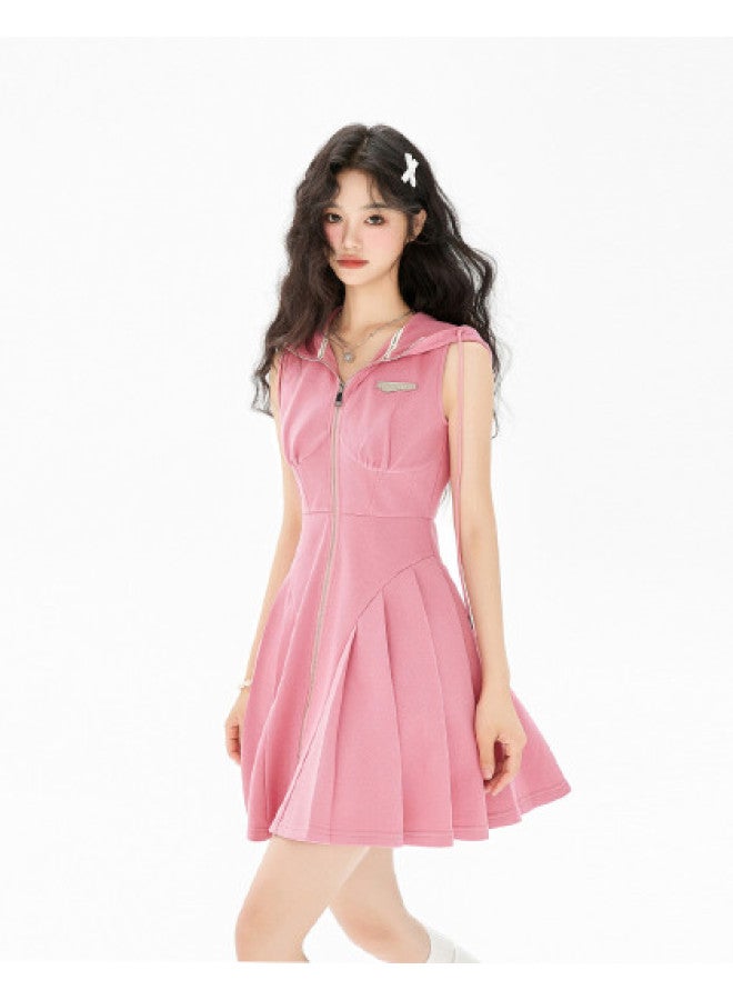 EPTISON Sleeveless Dress Women Summer College Style Sweet Waist Tie Hooded Mini Skirt A-line Pleated Dress - Image 1