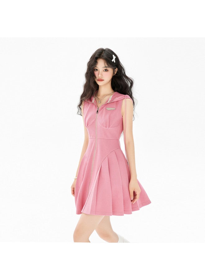 EPTISON Sleeveless Dress Women Summer College Style Sweet Waist Tie Hooded Mini Skirt A-line Pleated Dress - Image 2