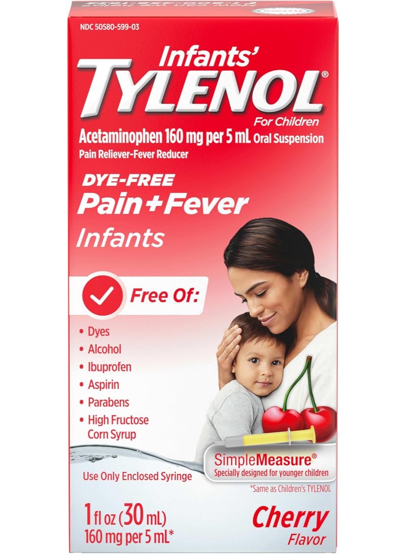دواء تايلينول سائل معلق فموي للأطفال الرضع مع أسيتامينوفين، خافض للحرارة ومسكن للألم للآلام البسيطة، التهاب الحلق، الصداع، وآلام التسنين، بنكهة الكرز، خالٍ من الصبغات، 1 أونصة سائلة - Image 1