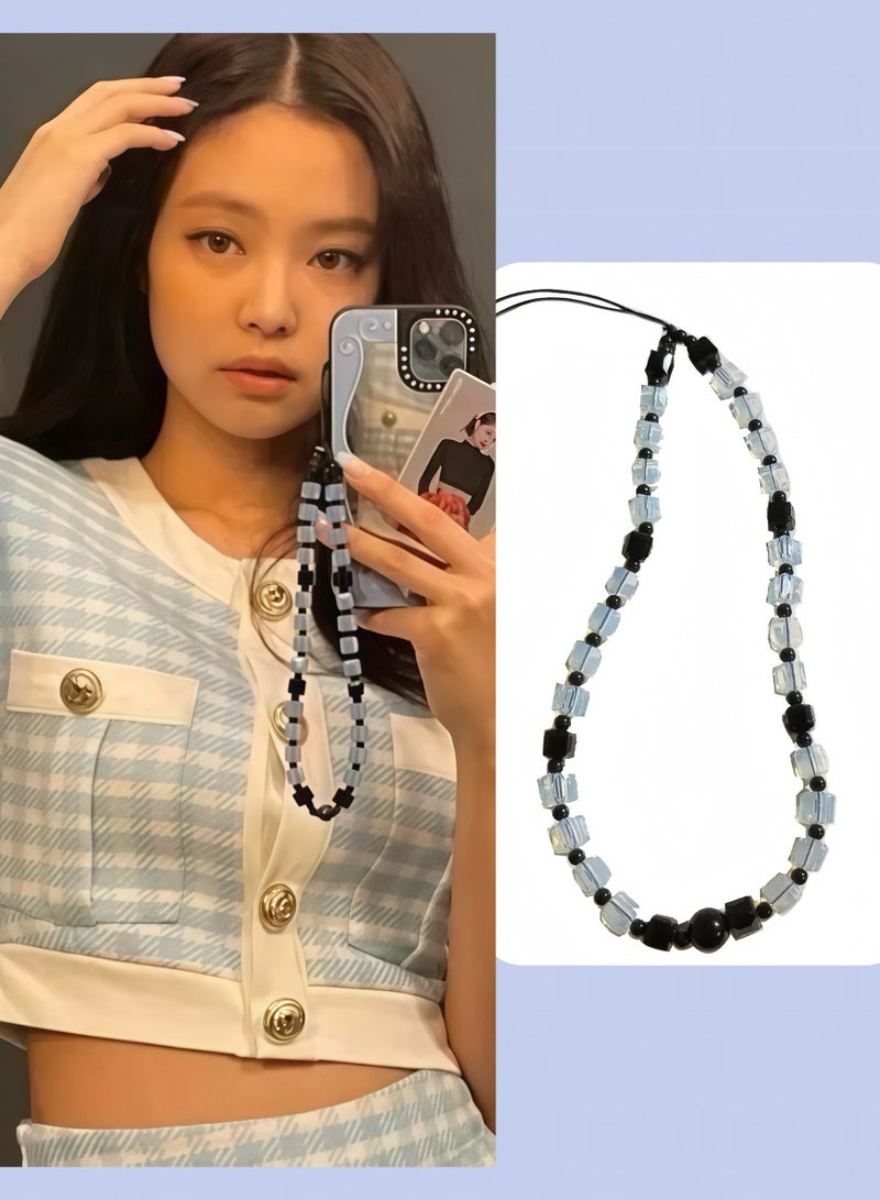 Paraphrase Super Cute Beaded Phone Charm – Kpop Trendy Phone Chain Wrist Strap, Blue Beads Chain Lanyard, Blackpink Jennie Same Style Accessory for Cell Phone - Image 1