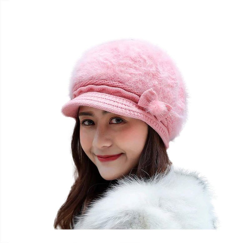 iSWEVEN Fashionable Woolen Visor Beanie Cap for Women | Girls - Pink (4056D, Free Size) - Image 1