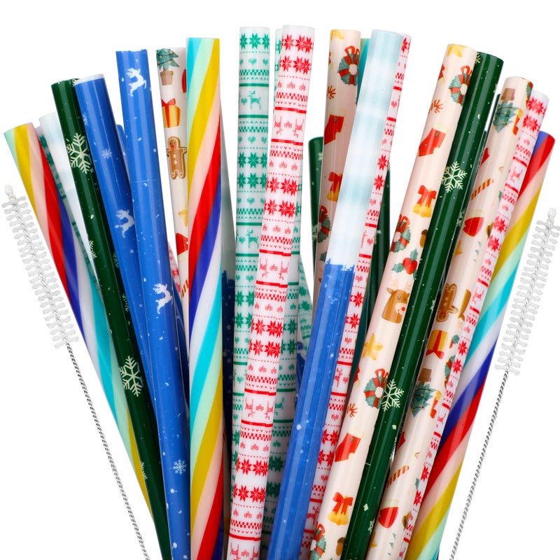 JANYUN JANYUN 40 Pieces Christmas Straws BPAFree 9 Printing Hard Platic Xmas Reusable Drinking Straws for Family or Party Favors Supplies Cleaning Brush Included