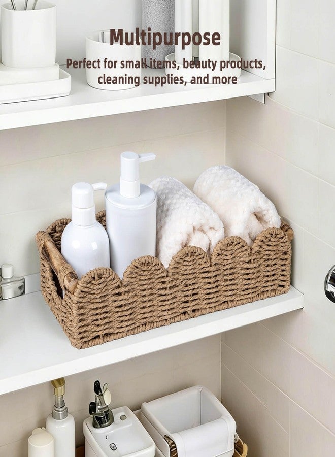 CubesLand Bathroom Basket Organizer w/Cut Out Handle, Back of Toilet Paper Storage Baskets Tray for Bathroom Countertop Decorative, Scalloped Wicker Basket Also for Home Decor, Living Room, Neutral - Image 5