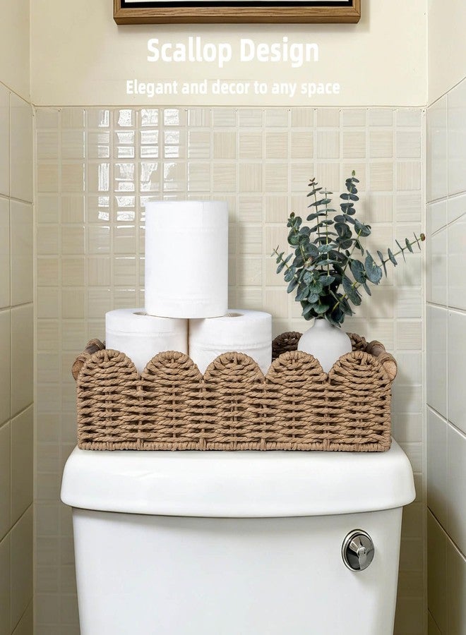 CubesLand Bathroom Basket Organizer w/Cut Out Handle, Back of Toilet Paper Storage Baskets Tray for Bathroom Countertop Decorative, Scalloped Wicker Basket Also for Home Decor, Living Room, Neutral - Image 2