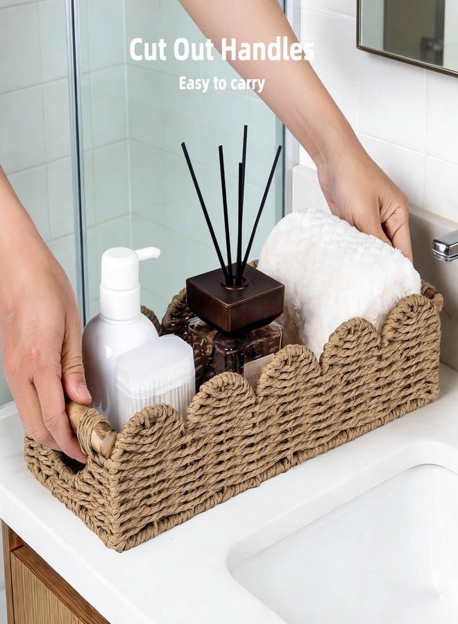 CubesLand Bathroom Basket Organizer w/Cut Out Handle, Back of Toilet Paper Storage Baskets Tray for Bathroom Countertop Decorative, Scalloped Wicker Basket Also for Home Decor, Living Room, Neutral - Image 4