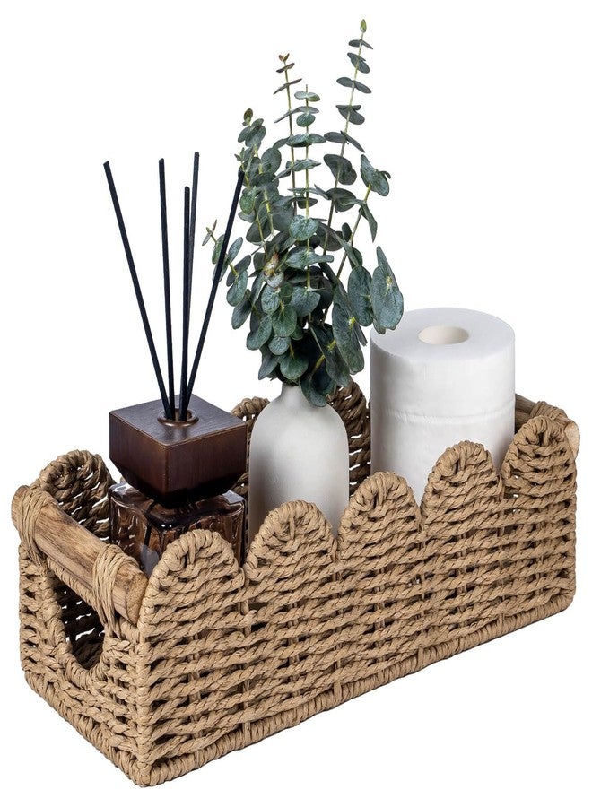 CubesLand Bathroom Basket Organizer w/Cut Out Handle, Back of Toilet Paper Storage Baskets Tray for Bathroom Countertop Decorative, Scalloped Wicker Basket Also for Home Decor, Living Room, Neutral - Image 1