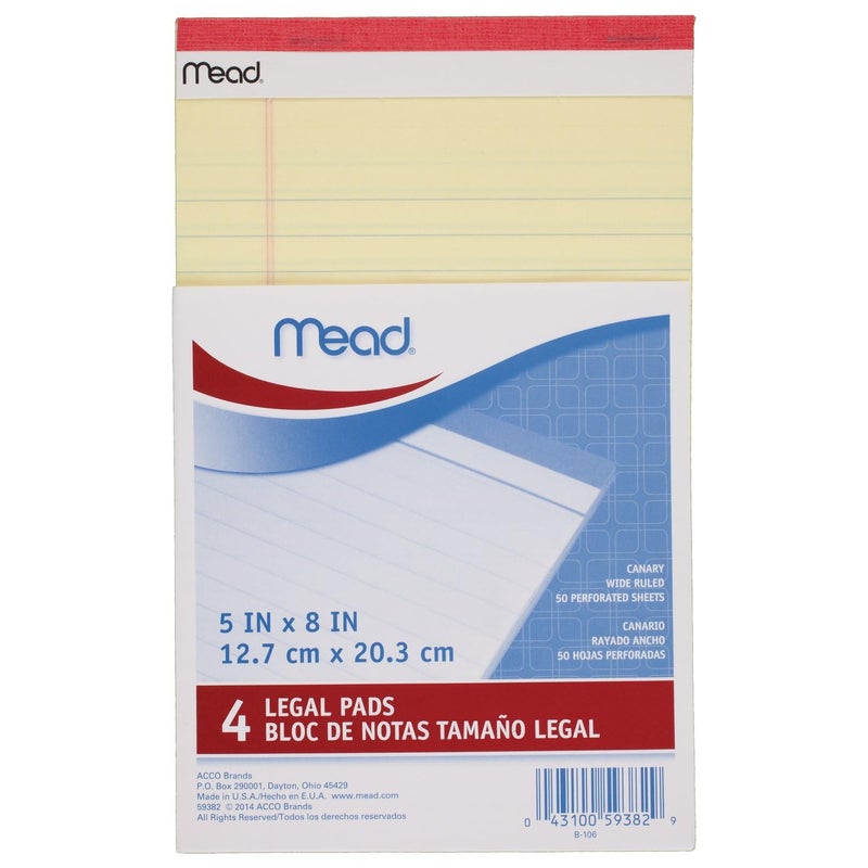 Mead Canary Junior Legal Pads, 5 x 8 Inch, 4 Pack 50 Sheets (59382) - Image 1