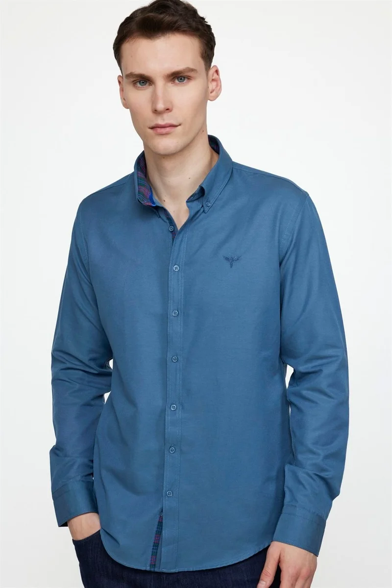 تودورس Slim Fit Cotton Easy Iron Plain Men's Petrol Shirt