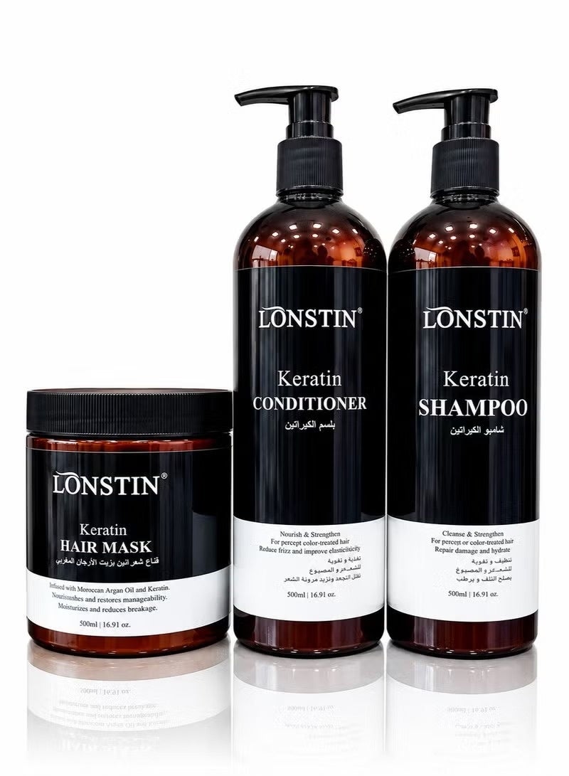 500ml Shampoo, 500ml Conditioner and 500ml Keratin Hair Mask for Colored and Damaged Hair