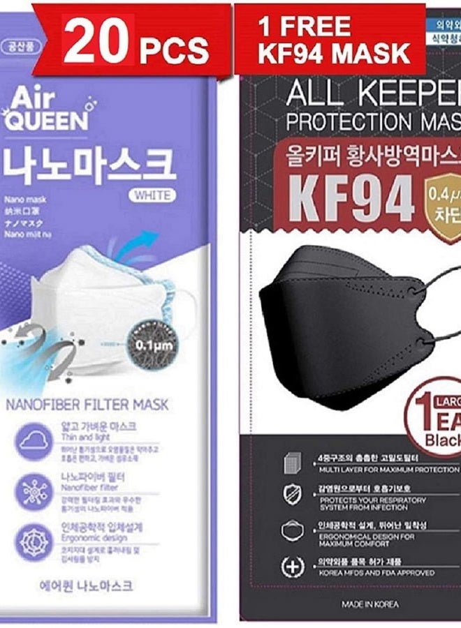 AIRQUEEN [20 Pack] [Air Queen] White 3-Layers Face Safety Mask for Adult + 1 [Black] All Keeper KF94 Mask [Individually Packaged] [Both Made in Korea] - Image 1