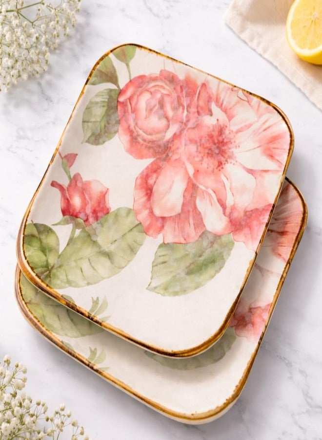 KUCHIFY Ceramic Square Plate Set of 2 (18 x 18 cm) Floral Design Dinner Plates with Gold Rim | Microwave & Dishwasher Safe | Snack, Dessert & Serving Plates - Image 3