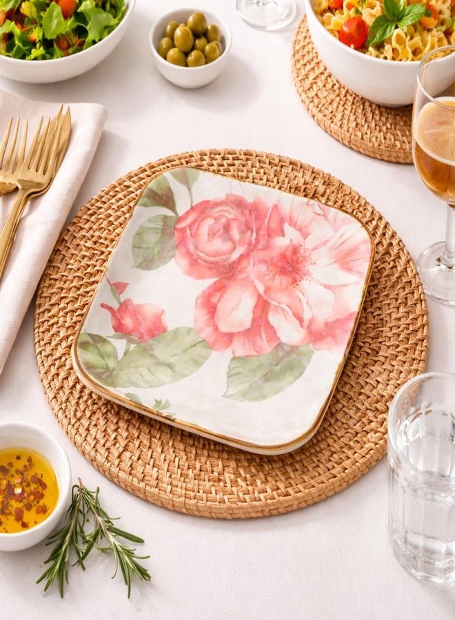 KUCHIFY Ceramic Square Plate Set of 2 (18 x 18 cm) Floral Design Dinner Plates with Gold Rim | Microwave & Dishwasher Safe | Snack, Dessert & Serving Plates - Image 2