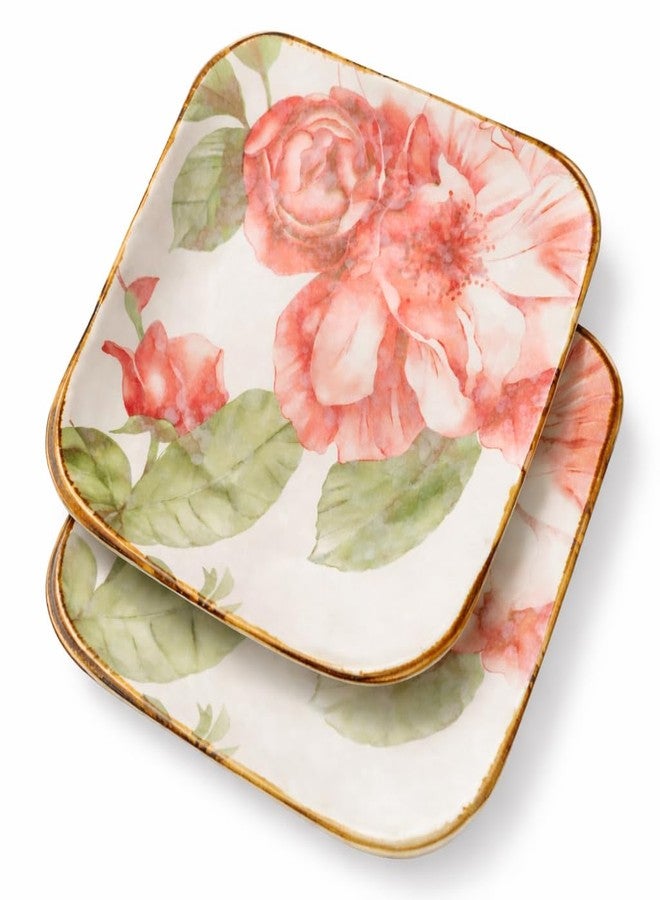 KUCHIFY Ceramic Square Plate Set of 2 (18 x 18 cm) Floral Design Dinner Plates with Gold Rim | Microwave & Dishwasher Safe | Snack, Dessert & Serving Plates - Image 1