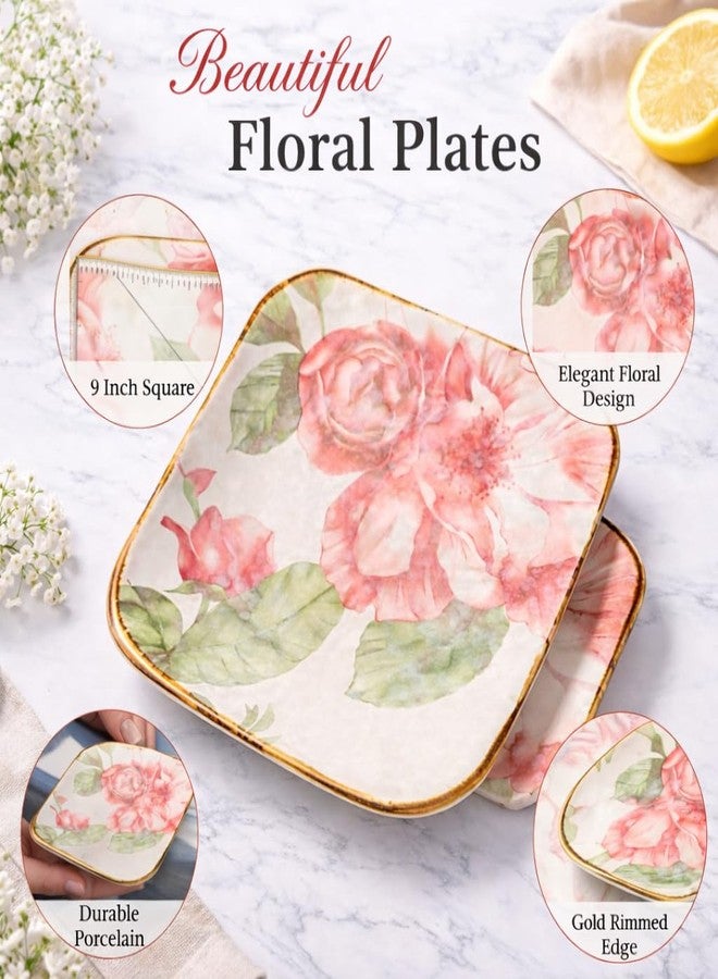 KUCHIFY Ceramic Square Plate Set of 2 (18 x 18 cm) Floral Design Dinner Plates with Gold Rim | Microwave & Dishwasher Safe | Snack, Dessert & Serving Plates - Image 5