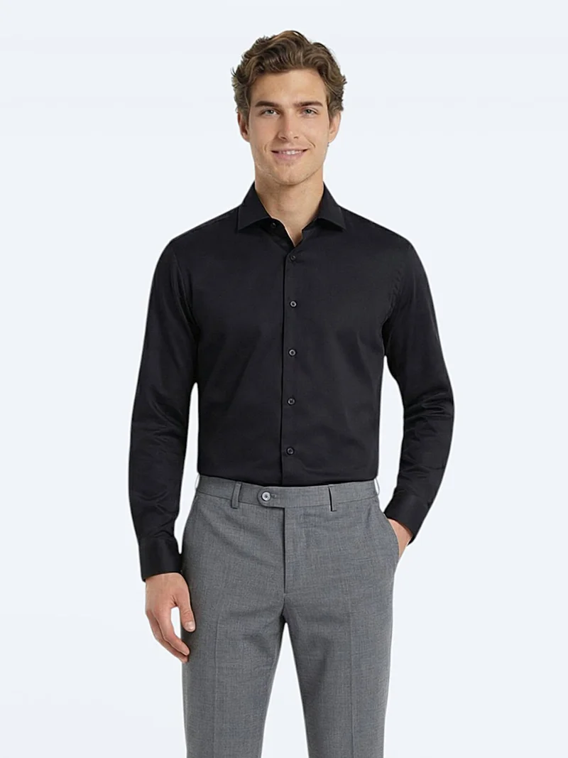 Kip Black Plain Regular Fit Long Weaving Classical 100% Cotton Shirt