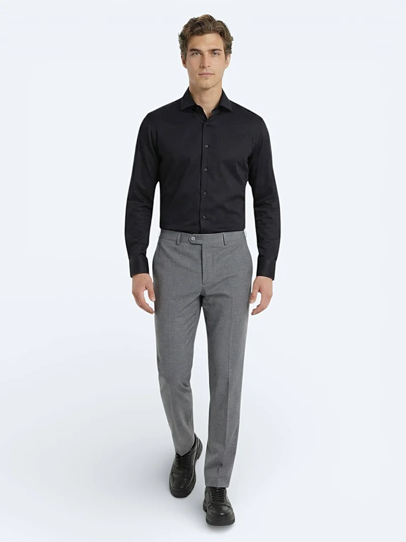 Kip Black Plain Regular Fit Long Weaving Classical 100% Cotton Shirt