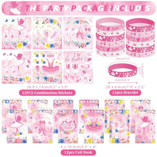 LSJDEER 122PCS Ballet Party Favors 50 Stickers 12 Assemble Stickers 12 Button Badges 12 Mini Notepads 12 Slap Bracelets 12 Rubber Bracelets 12 Goodie Bags for Girls Women Dance Ballerina Party Supplies - Image 5