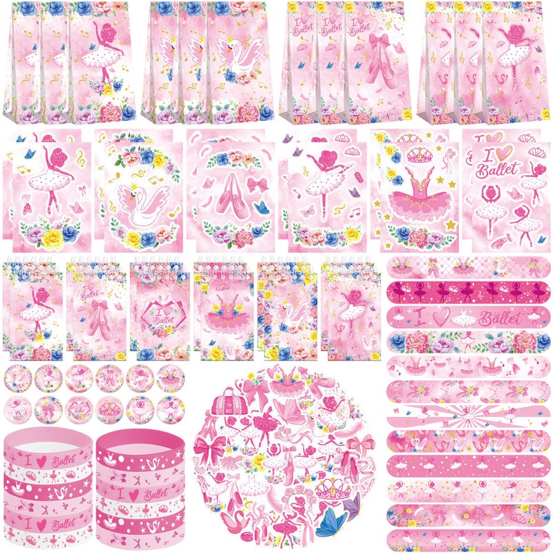LSJDEER 122PCS Ballet Party Favors 50 Stickers 12 Assemble Stickers 12 Button Badges 12 Mini Notepads 12 Slap Bracelets 12 Rubber Bracelets 12 Goodie Bags for Girls Women Dance Ballerina Party Supplies - Image 3