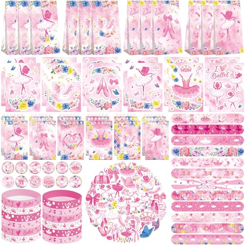 LSJDEER 122PCS Ballet Party Favors 50 Stickers 12 Assemble Stickers 12 Button Badges 12 Mini Notepads 12 Slap Bracelets 12 Rubber Bracelets 12 Goodie Bags for Girls Women Dance Ballerina Party Supplies - Image 1