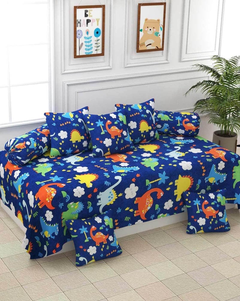 Filymore Dinasour 8 Pieces Diwan Set for Kids and Living Room Made with Pure Microfiber Package Contains One Single Bedsheet, 5 Cushions Covers and 2 Bolster Covers (Colour -Blue) - Image 1