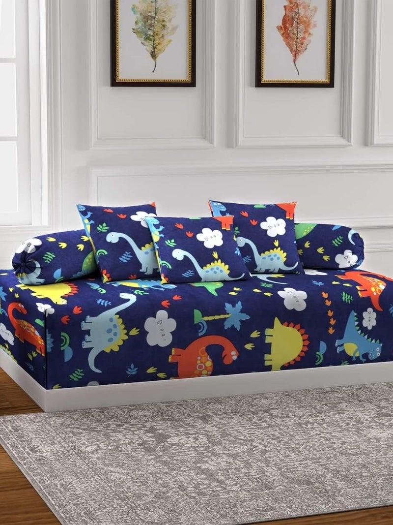 Filymore Dinasour 8 Pieces Diwan Set for Kids and Living Room Made with Pure Microfiber Package Contains One Single Bedsheet, 5 Cushions Covers and 2 Bolster Covers (Colour -Blue) - Image 2