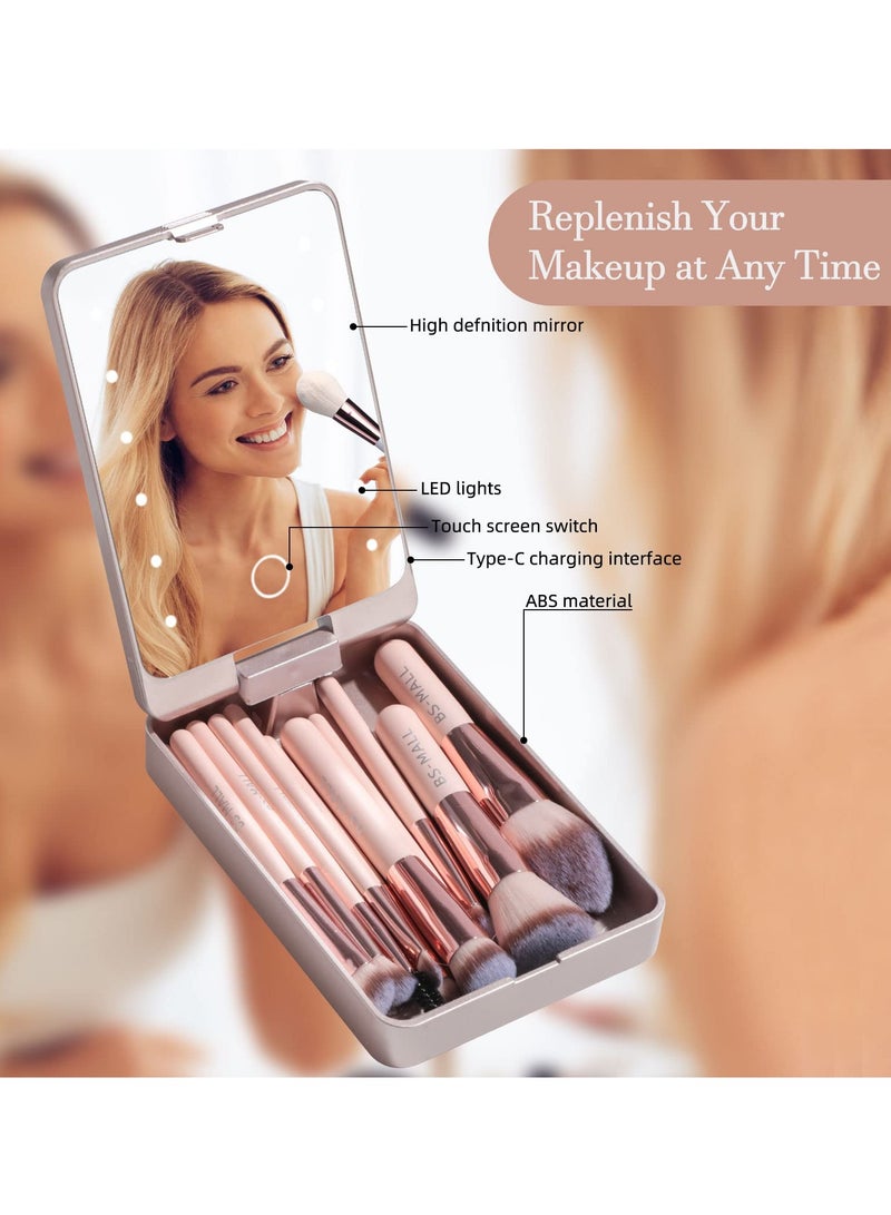 Loquat 14-Piece Travel Makeup Brush Set with LED light Mirror Foundation Powder Concealers Eye Shadows Makeup Set (Pink) - Image 5