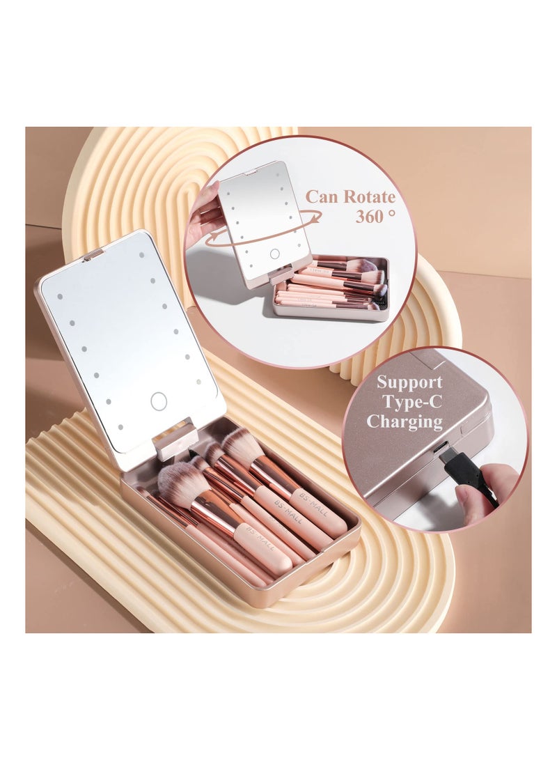 Loquat 14-Piece Travel Makeup Brush Set with LED light Mirror Foundation Powder Concealers Eye Shadows Makeup Set (Pink) - Image 4