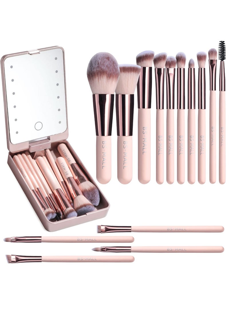 Loquat 14-Piece Travel Makeup Brush Set with LED light Mirror Foundation Powder Concealers Eye Shadows Makeup Set (Pink) - Image 1