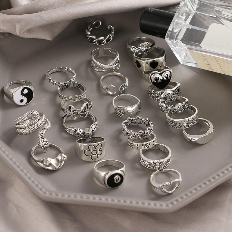 IFKM 24PCS Vintage Silver Knuckle Rings Set for Women, Stackable Joint Finger Statement Rings Bohemian Retro Hollow Carved Midi, Boho Halloween Skeleton Skull Snake Heart Chunky Stacking Pack (Retro) - Image 5