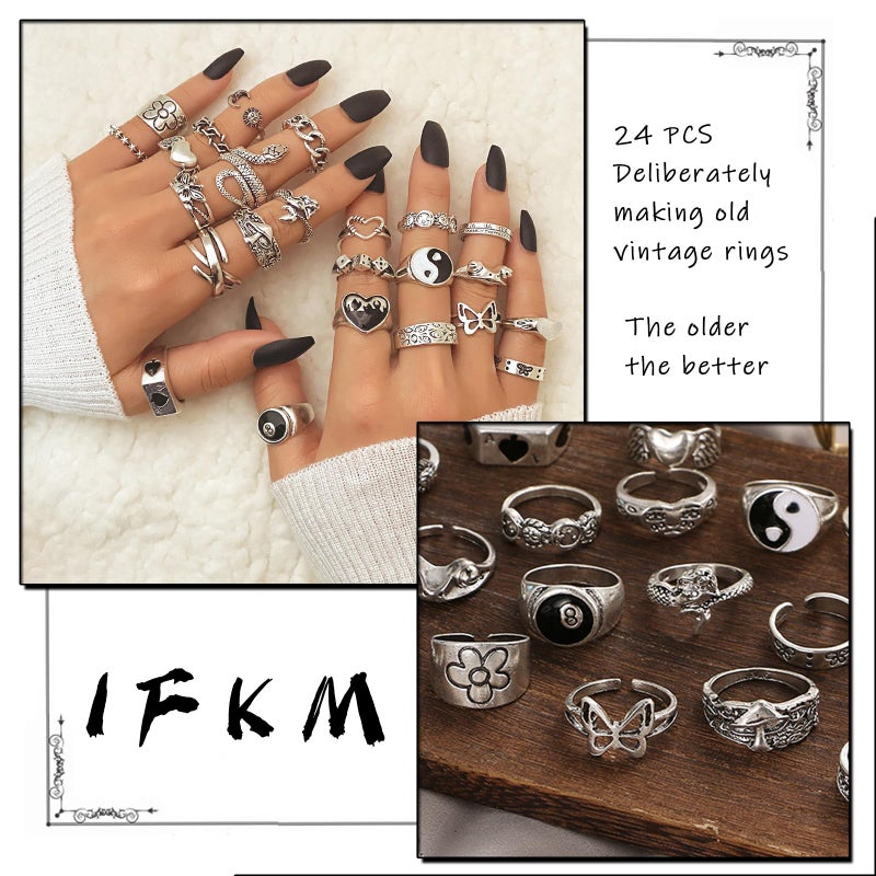 IFKM 24PCS Vintage Silver Knuckle Rings Set for Women, Stackable Joint Finger Statement Rings Bohemian Retro Hollow Carved Midi, Boho Halloween Skeleton Skull Snake Heart Chunky Stacking Pack (Retro) - Image 3