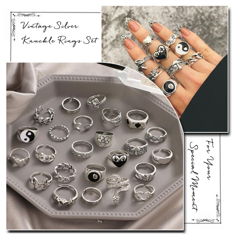 IFKM 24PCS Vintage Silver Knuckle Rings Set for Women, Stackable Joint Finger Statement Rings Bohemian Retro Hollow Carved Midi, Boho Halloween Skeleton Skull Snake Heart Chunky Stacking Pack (Retro) - Image 4